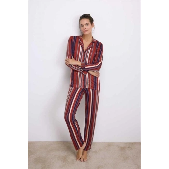 Vipmarketim Anıl Kadın Uzun Kollu Düğmeli Çizgili Pijama Takımı (kod:11578)
