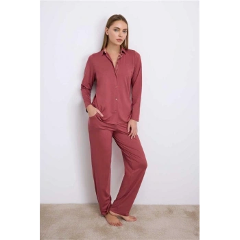 VipMarketim Anıl Kadın Uzun Kollu Düğmeli Gömlek Ve Pantolon Pijama Takımı ( ) (Kod:11556)
