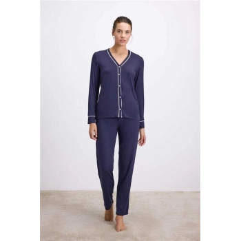 VipMarketim Anıl Kadın Uzun Kollu Düğmeli Tencel Pijama Takımı – Yumuşak, Nefes Alabilen Tasarım ( ) (Kod:11614)