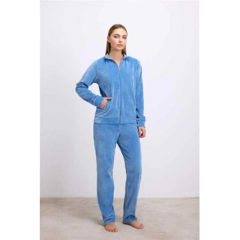 VipMarketim Anil Kadın Uzun Kollu Fermuarlı Kadife Sweatshirt Ve Pantolon Takım (Kod:11625)