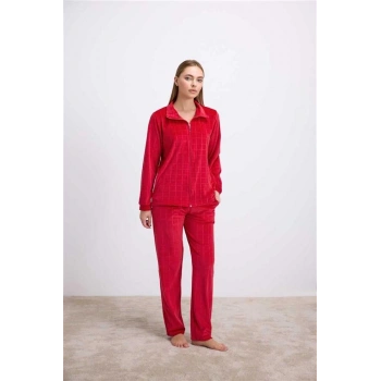 VipMarketim Anıl Kadın Uzun Kollu Fermuarlı Sweatshirt Ve Pantolon Takımı – Kadife Görünümlü Yumuşak Kumaş (Kod:11565)