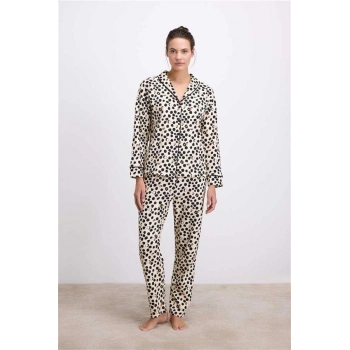 VipMarketim Anıl Kadın Uzun Kollu Gömlek Yaka Leopar Desenli % Pamuk Pijama Takımı 11550 (Kod:100)