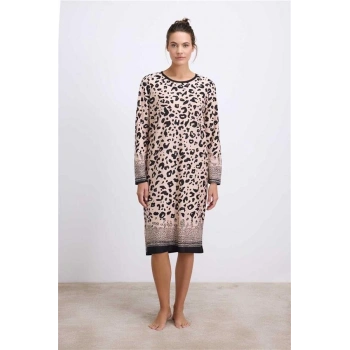 Vipmarketim Anıl Kadın Uzun Kollu Leopar Desenli Ve Doğal Dokulu Gecelik ( ) (kod:11539)