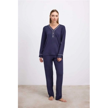 VipMarketim Anıl Kadın Uzun Kollu Pijama Takımı Şık Düğmeli Yaka Ve Kontrast Biyeli Tasarım ( ) (Kod:11613)