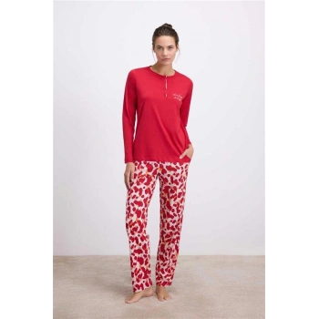 VipMarketim Anıl Kadın Uzun Kollu T-Shirt Ve Desenli Pantolon Pijama Takımı Nefes Alabilen Kumaş (Kod:11562)