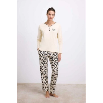 Vipmarketim Anıl Kadın Uzun Kollu T-shirt Ve Pantolon Pijama Takımı – % Pamuk, Leopar Desen Detaylı 11549 (kod:100)