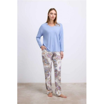 VipMarketim Anıl Kadın Uzun Kollu Viskon T-Shirt Ve Desenli Pantolon Takım Esnek Ve Nefes Alabilir Kumaş (Kod:11569)