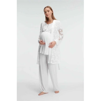 VipMarketim Anıl Kısa Kol Bisiklet Yaka Kadın Dantel Detaylı Hamile Pijama Takımı Sabahlık (Kod:11311)