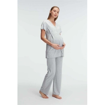 Vipmarketim Anıl Kısa Kol V Yaka Kadın Polyester Elastan Yazlık Örme Dantel Detaylı Hamile Pijama Takımı (kod:11308)