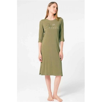 VipMarketim Anıl Kısa Yarım Kol Bisiklet Yaka Viskon Düz Kışlık Örme Nakış Detaylı Gecelik Sabahlık (Kod:5793)