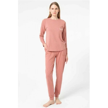 VipMarketim Anıl Uzun Kol Bisiklet Yaka Cotton Çizgili Kışlık Örme Normal Bel Pijama Takımı (Kod:9859)