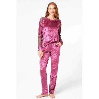 VipMarketim Anıl Uzun Kol Bisiklet Yaka Kadife Jakar Desenli Kışlık Örme Normal Bel Dantel Detaylı Pijama Takımı (Kod:9862)