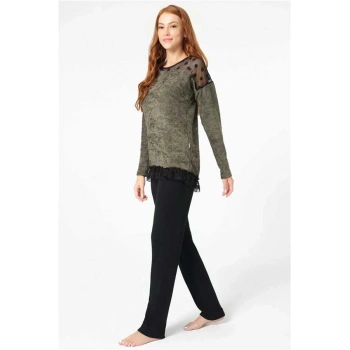 VipMarketim Anıl Uzun Kol Bisiklet Yaka Polyester Elastan Düz Kışlık Örme Normal Bel Transparan Tül Detaylı Pijama Takımı (Kod:9084)
