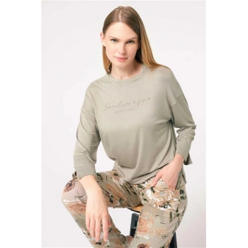 VipMarketim Anıl Uzun Kol Bisiklet Yaka Viskon Çiçek Desenli Kışlık Örme Normal Bel Pijama Takımı (Kod:9849)