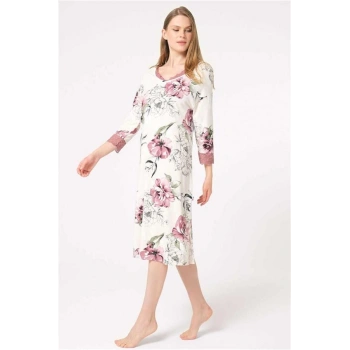 Vipmarketim Anıl Uzun Kol V Yaka Bamboo Çiçek Desenli Kışlık Örme Normal Bel Dantel Detaylı Gecelik (kod:5801)