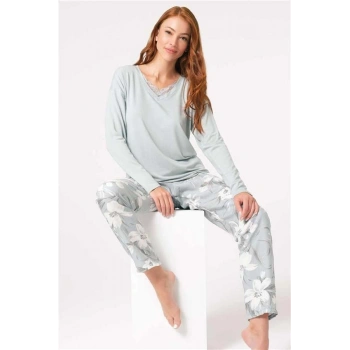 VipMarketim Anıl Uzun Kol V Yaka Viskon Çiçek Desenli Kışlık Örme Normal Bel Dantel Detaylı Pijama Takımı (Kod:9858)