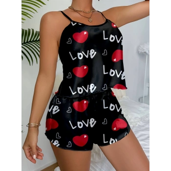 VipMarketim Aşk Temalı Kalp Desenli Siyah Saten Şortlu Gecelik Takım