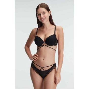 VipMarketim Balenli Destekli Dolgulu Göbek Detaylı Puantiyeli Dantelli Sütyen Ve Slip Takım