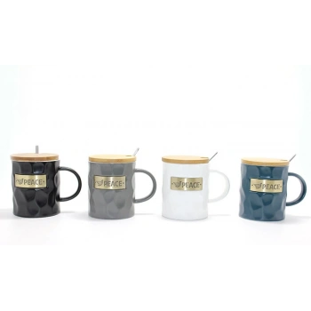 VipMarketim Bambu Kapaklı Porselen Kupa Bardak