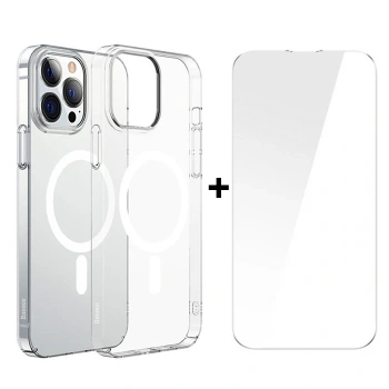 VipMarketim Baseus Crystal iPhone 13 Pro Max 6.7 Magsafe Silikon Kılıf + Tempered Ekran Koruyucu Set-(5775)