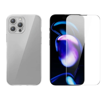 VipMarketim Baseus iPhone 15 Pro Max Schott Serisi Şeffaf Silikon Kılıf + Tempered Ekran Koruyucu Set-(5775)