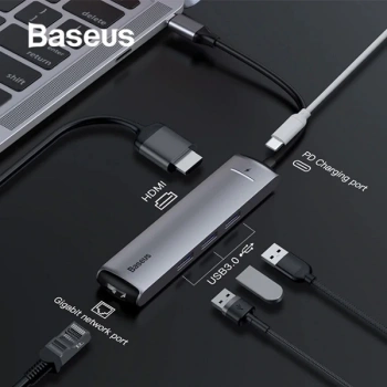 VipMarketim Baseus Usb Type C 6in1 HDMI 3x USB 3.0 RJ45 Çoğaltıcı Adaptör-(5775)