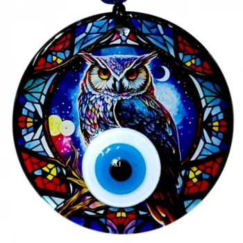 VipMarketim Baykuşlu Gece Desenli 12 Santimetre Füzyon Cam Duvar Süsü