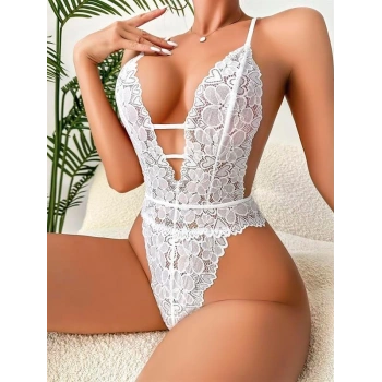 VipMarketim Beyaz Dantel İşlemeli Göğüs Dekolteli Fantezi Body