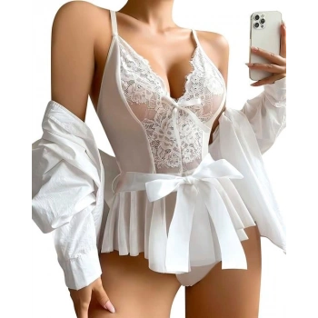 VipMarketim  Beyaz Dantel İşlemeli Kurdelalı Fantezi Tül Babydoll