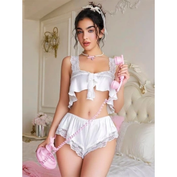 VipMarketim  Beyaz Dantel İşlemeli Sütyenli Saten Şortlu Takım