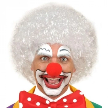 VipMarketim Beyaz Renk Kıvırcık Afro Bonus Peruk Saç ve Kırmızı Sünger Burun Seti