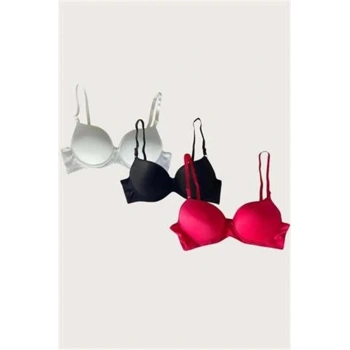 VipMarketim  Beyaz-siyah-kırmızı 3lü Mikro Kumaş Push Up Dolgulu Balenli Günlük Destekli Sütyen