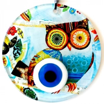 VipMarketim Bilgin Baykuş Nazar Boncuklu 12 Santimetre Füzyon Cam Duvar Süsü