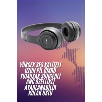 VipMarketim Bluetooth Kablosuz Kulaklık Siyah Wireless 5.0 Kulak Üstü Uzun Pil Ömrü