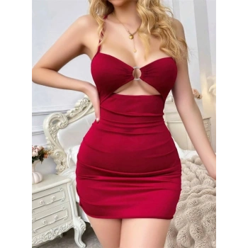 Vipmarketim Bordo Aksesuar Detaylı Boyundan Bağlamalı Fantezi Elbise