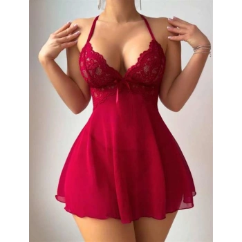 VipMarketim  Bordo Dantel İşlemeli Boyundan Bağlamalı Likralı Fantezi Tül Gecelik