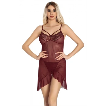 VipMarketim  Bordo Dantel İşlemeli Göğüs İp Detaylı Fantezi Tül Gecelik