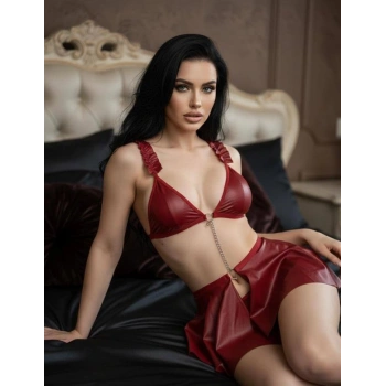 VipMarketim Bordo Göğüs Dekolteli Mini Etekli Fantezi Deri Takım