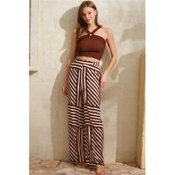 VipMarketim Boyundan Bağlamalı Kadın Çizgili Yazlık Uzun İp Detaylı Pijama Takımı Anıl (Kod:9815)