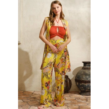 VipMarketim Boyundan Bağlamalı V Yaka Kadın Çiçek Desenli Yazlık Boncuk Detaylı Pijama Takımı Sabahlık Anıl 5754
