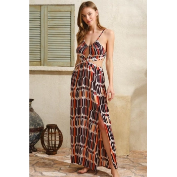 VipMarketim Boyundan Bağlamalı V Yaka Kadın Viskon Geometrik Yazlık İp Detaylı Elbise Anıl 5753