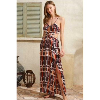 VipMarketim Boyundan Bağlamalı V Yaka Kadın Viskon Geometrik Yazlık İp Detaylı Elbise Anıl (Kod:5753)