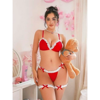 VipMarketim  Boyunluklu Bacak Aksesuarlı Kırmızı Fantezi Hizmetçi Kostümü