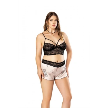 VipMarketim Büyük Beden Altı Şirin Desenli Üstü Dantel Fantezi Şortlu Saten Gecelik