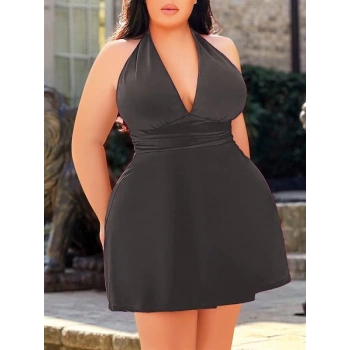 VipMarketim Büyük Beden Antrasit Boyundan Bağlamalı Mini Gecelik