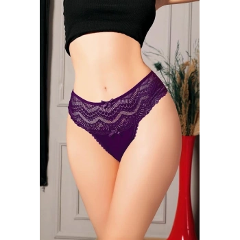 VipMarketim Büyük Beden Bel Kısmı Dantelli Fantezi Mor Tanga String