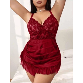 VipMarketim  Büyük Beden Bordo Dantel İşlemeli Fırfırlı Gecelik