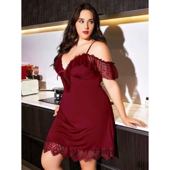 VipMarketim  Büyük Beden Bordo Dantel İşlemeli İnce Askılı Gecelik