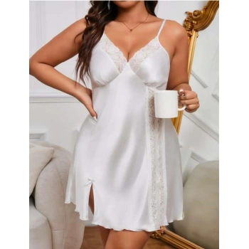 VipMarketim  Büyük Beden Dantel İşlemeli Beyaz Saten Gecelik