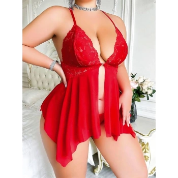 VipMarketim Büyük Beden Dantel İşlemeli Fırfırlı Dekolteli Fantezi Tül Kırmızı Gecelik